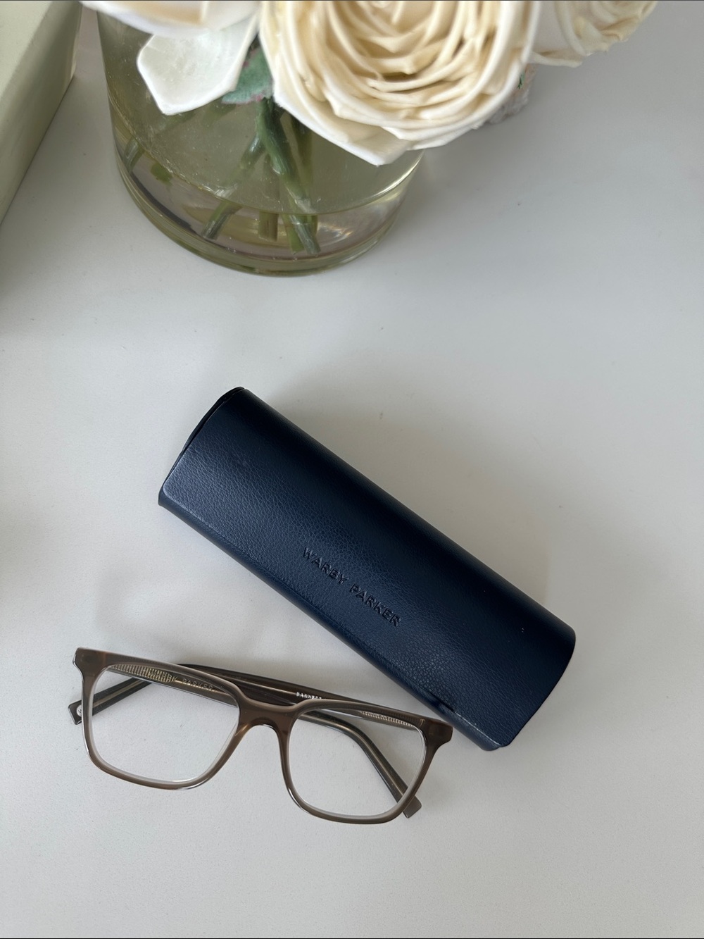 Warby Parker Taupe Translucent Frames with Navy Case style: Barnett